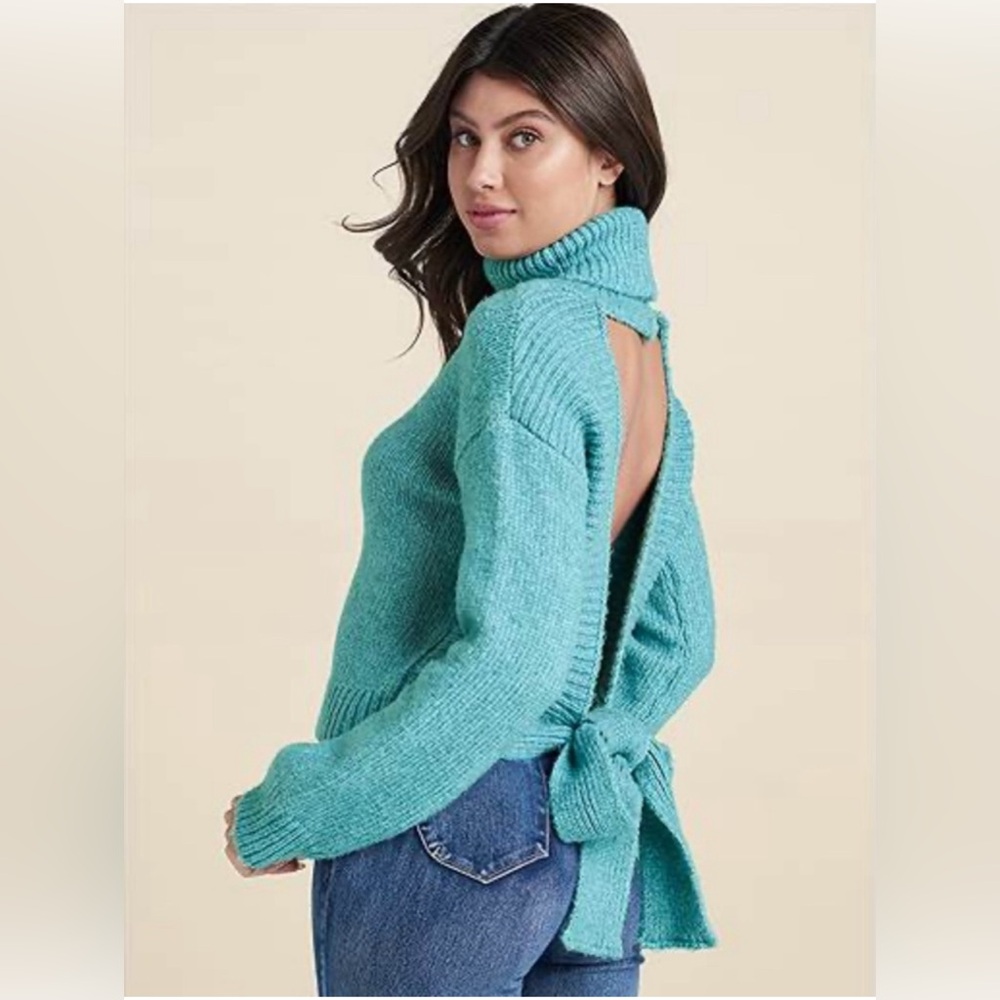 Venus Tie Open-Back Teal Sweater